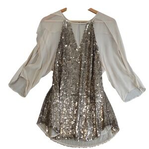 Rohit Gandhi Top Large Gold Cream Sheer Silk Sequin Boho Fairy Glam Party‎ Y2K